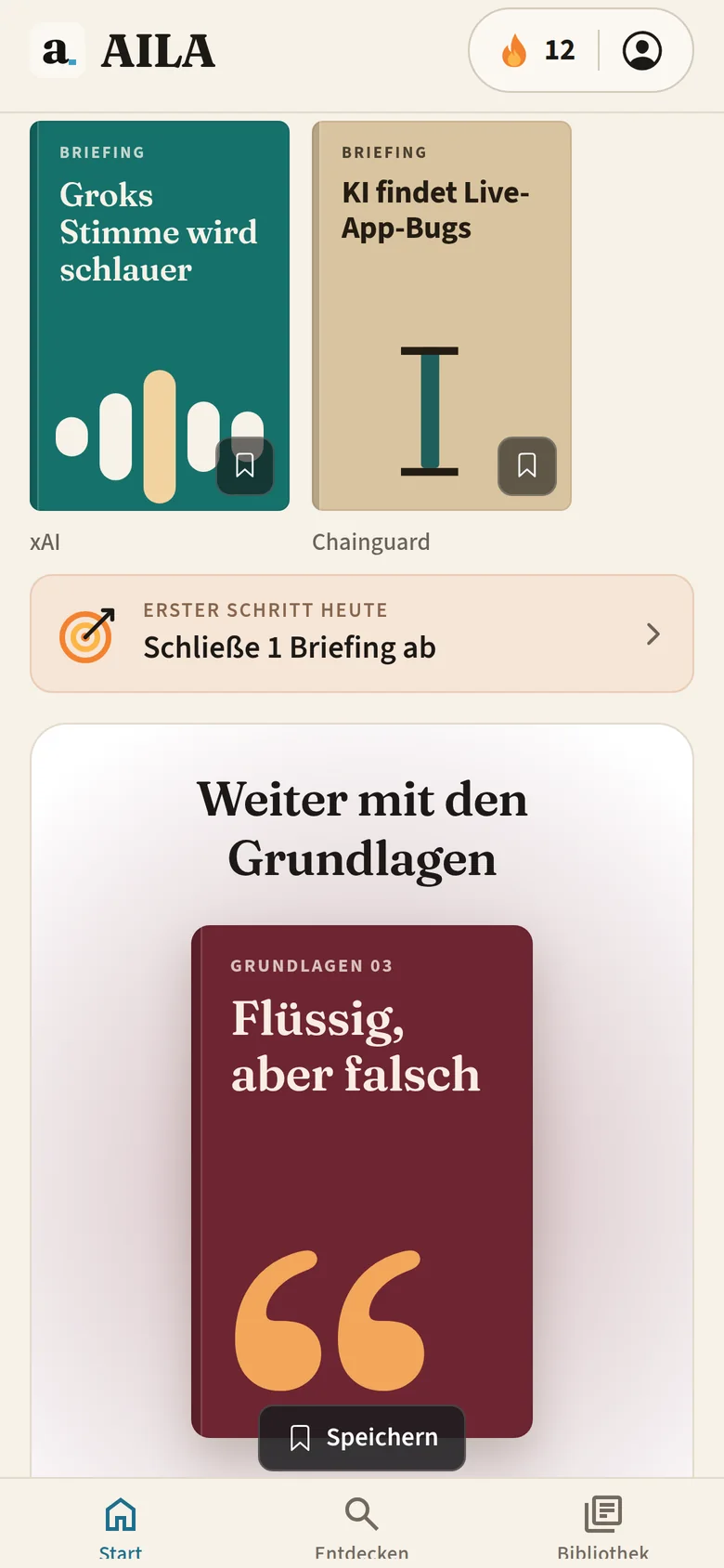 Sapaude Home mit Briefing-Covern und der nächsten Grundlagen-Lektion, Flüssig, aber falsch.