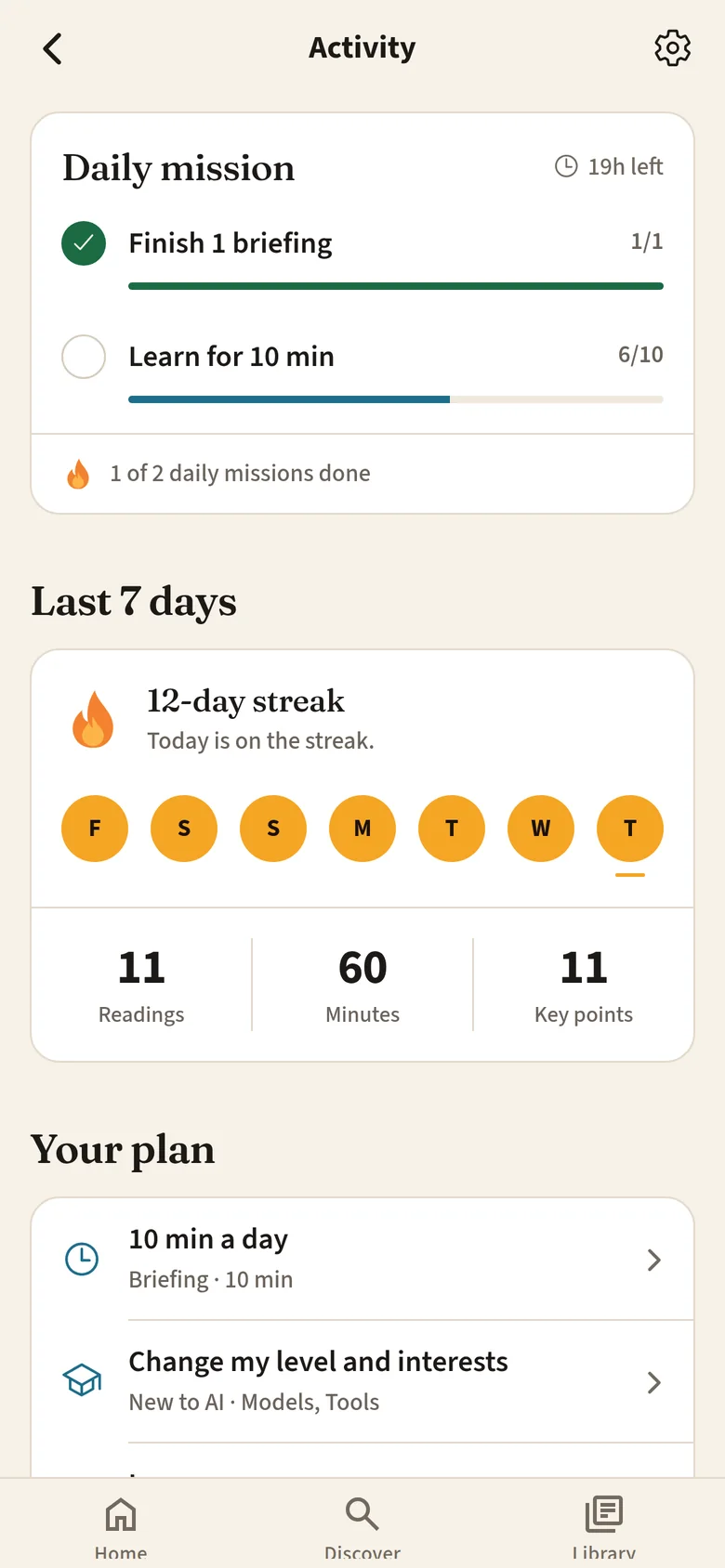 Activity in Sapaude: a 12-day streak, daily missions, and a 10-minute plan.