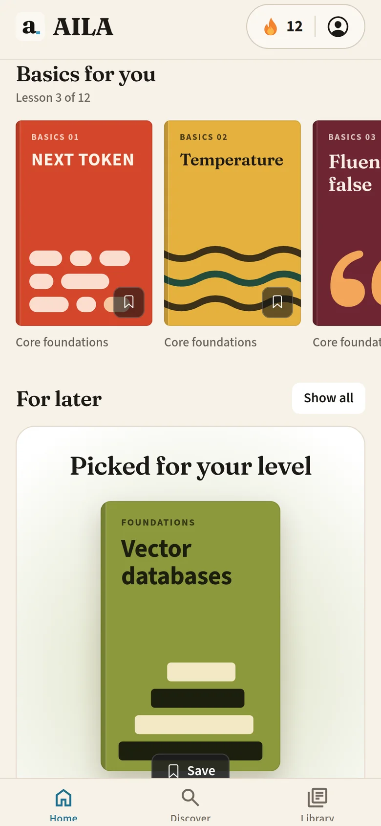 Placeholder for the onboarding questions: lesson cards in Sapaude, including the next token.
